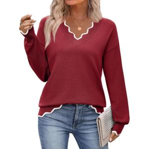 Zeagoo Women’s 2026 Fall V Neck Sweater Casual Long Sleeve Lightweight Ribbed Knit Pullover Sweaters Dressy Casual Tops(Wine Red)