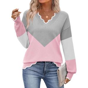 Zeagoo Women’s 2026 Fall V Neck Sweater Casual Long Sleeve Lightweight Ribbed Knit Pullover Sweaters Dressy Casual Tops(Y- Grey & Pink)