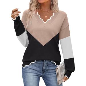 Zeagoo Women’s 2026 Fall V Neck Sweater Casual Long Sleeve Lightweight Ribbed Knit Pullover Sweaters Dressy Casual Tops(Y- Khaki & Black)