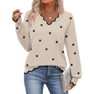 Zeagoo Women’s 2026 Fall V Neck Sweater Casual Long Sleeve Lightweight Ribbed Knit Pullover Sweaters Dressy Casual Tops(Z – Polka Dot)