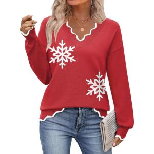 Zeagoo Women’s 2026 Fall V Neck Sweater Casual Long Sleeve Lightweight Ribbed Knit Pullover Sweaters Dressy Casual Tops(Z – Snowflakes)