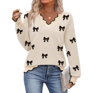 Zeagoo Women’s 2026 Fall V Neck Sweater Casual Long Sleeve Lightweight Ribbed Knit Pullover Sweaters Dressy Casual Tops(Z- Bow Black)