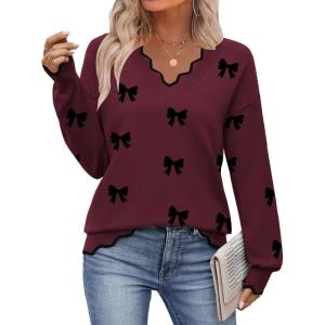 Zeagoo Women’s 2026 Fall V Neck Sweater Casual Long Sleeve Lightweight Ribbed Knit Pullover Sweaters Dressy Casual Tops(Z- Bow Burgundy)