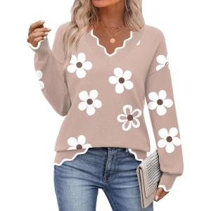 Zeagoo Women’s 2026 Fall V Neck Sweater Casual Long Sleeve Lightweight Ribbed Knit Pullover Sweaters Dressy Casual Tops(Z- Flower Khaki)
