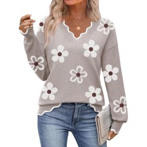 Zeagoo Women’s 2026 Fall V Neck Sweater Casual Long Sleeve Lightweight Ribbed Knit Pullover Sweaters Dressy Casual Tops(Z- Flower White)