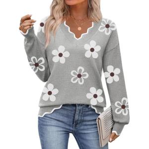 Zeagoo Women’s 2026 Fall V Neck Sweater Casual Long Sleeve Lightweight Ribbed Knit Pullover Sweaters Dressy Casual Tops(Z- Flowers Grey)