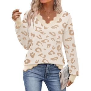 Zeagoo Women’s 2026 Fall V Neck Sweater Casual Long Sleeve Lightweight Ribbed Knit Pullover Sweaters Dressy Casual Tops(Z- Leopard Print)
