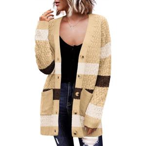 Zeagoo Womens 2026 Long Sleeve Chunky Cable Knit Fall Cardigans Sweaters Button Down Open Front Outerwear with Pockets(Colorblock 645)