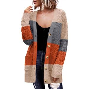 Zeagoo Womens 2026 Long Sleeve Chunky Cable Knit Fall Cardigans Sweaters Button Down Open Front Outerwear with Pockets(Colorblock 965)
