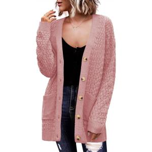 Zeagoo Womens 2026 Long Sleeve Chunky Cable Knit Fall Cardigans Sweaters Button Down Open Front Outerwear with Pockets(Pink)