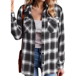 Zeagoo Womens Button Down Flannel Shirts Long Sleeve Plaid Blouses Lightweight Business Dressy Casual Top with Pockets(Black)