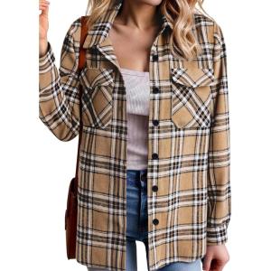 Zeagoo Womens Button Down Flannel Shirts Long Sleeve Plaid Blouses Lightweight Business Dressy Casual Top with Pockets(Khaki)
