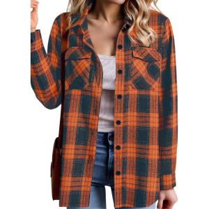 Zeagoo Womens Button Down Flannel Shirts Long Sleeve Plaid Blouses Lightweight Business Dressy Casual Top with Pockets(Orange and Navy Blue)