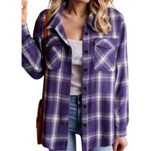 Zeagoo Womens Button Down Flannel Shirts Long Sleeve Plaid Blouses Lightweight Business Dressy Casual Top with Pockets(Purple)