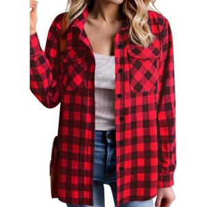 Zeagoo Womens Button Down Flannel Shirts Long Sleeve Plaid Blouses Lightweight Business Dressy Casual Top with Pockets(Red)