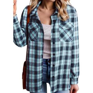 Zeagoo Womens Button Down Flannel Shirts Long Sleeve Plaid Blouses Lightweight Business Dressy Casual Top with Pockets(Teal Blue)
