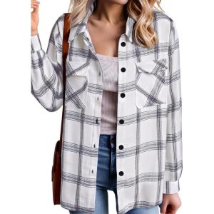 Zeagoo Womens Button Down Flannel Shirts Long Sleeve Plaid Blouses Lightweight Business Dressy Casual Top with Pockets(White)