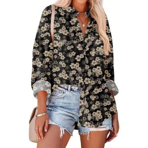 Zeagoo Womens Button Down Shirts Oversized Long Sleeve Floral Printed Blouses Casual Work Tops Drop Shoulder Outfit Clothes(Sf209)