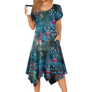 Zeagoo Womens Casual Dress for Summer Short Sleeve Loose Flowy Beach Dress with Pockets Hankerchief Flare Midi Sundress 2026(02 Blue)