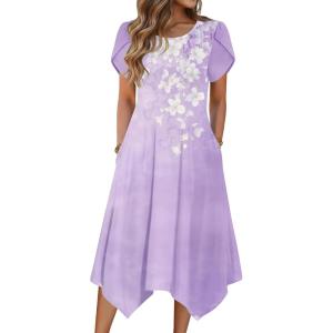 Zeagoo Womens Casual Dress for Summer Short Sleeve Loose Flowy Beach Dress with Pockets Hankerchief Flare Midi Sundress 2026(02 Purple)
