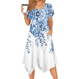 Zeagoo Womens Casual Dress for Summer Short Sleeve Loose Flowy Beach Dress with Pockets Hankerchief Flare Midi Sundress 2026(02 White)