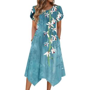 Zeagoo Womens Casual Dress for Summer Short Sleeve Loose Flowy Beach Dress with Pockets Hankerchief Flare Midi Sundress 2026(04 Blue)