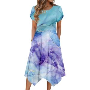 Zeagoo Womens Casual Dress for Summer Short Sleeve Loose Flowy Beach Dress with Pockets Hankerchief Flare Midi Sundress 2026(06 Blue)