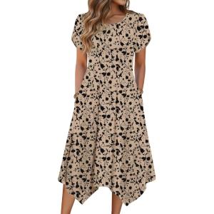 Zeagoo Womens Casual Dress for Summer Short Sleeve Loose Flowy Beach Dress with Pockets Hankerchief Flare Midi Sundress 2026(Beige)