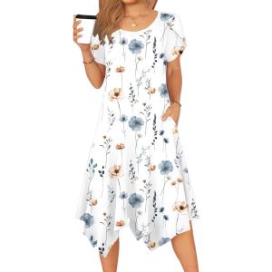 Zeagoo Womens Casual Dress for Summer Short Sleeve Loose Flowy Beach Dress with Pockets Hankerchief Flare Midi Sundress 2026(White)