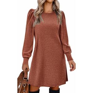 Zeagoo Women’s Knit Dress with Puff Sleeves for Fall & Winter – Round Neck Casual Tunic Dress(Caramel)