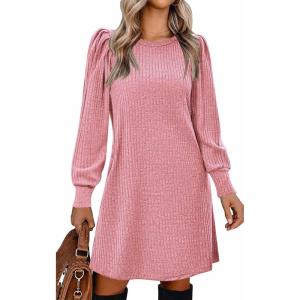 Zeagoo Women’s Knit Dress with Puff Sleeves for Fall & Winter – Round Neck Casual Tunic Dress(Light Pink)