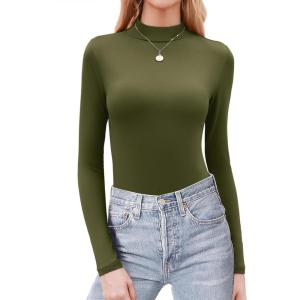 Zeagoo Womens Long Sleeve Shirts Mock Neck Basic Slim Fitted Tops Lightweight Stretch Base Layer T-Shirt(Army Green)