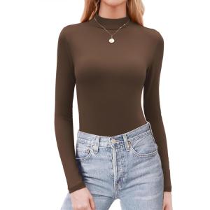 Zeagoo Womens Long Sleeve Shirts Mock Neck Basic Slim Fitted Tops Lightweight Stretch Base Layer T-Shirt(Brown)