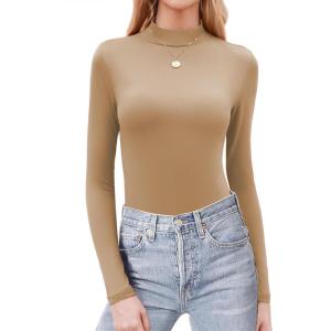 Zeagoo Womens Long Sleeve Shirts Mock Neck Basic Slim Fitted Tops Lightweight Stretch Base Layer T-Shirt(Khaki)