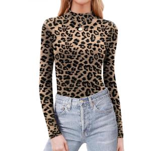 Zeagoo Womens Long Sleeve Shirts Mock Neck Basic Slim Fitted Tops Lightweight Stretch Base Layer T-Shirt(Leopard)
