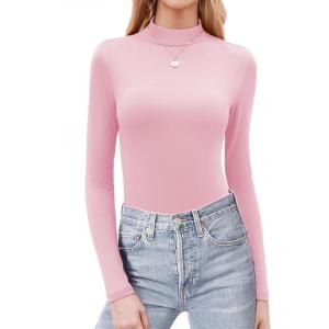 Zeagoo Womens Long Sleeve Shirts Mock Neck Basic Slim Fitted Tops Lightweight Stretch Base Layer T-Shirt(Pink)