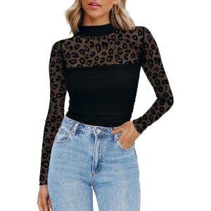 Zeagoo Womens Mesh Sheer Long Sleeve Top Mock Turtle Neck See Though Shirts Ruched Sexy Casual Going Out Blouses(Black Leopard)