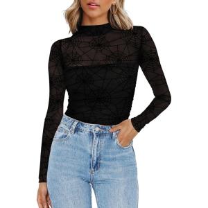 Zeagoo Womens Mesh Sheer Long Sleeve Top Mock Turtle Neck See Though Shirts Ruched Sexy Casual Going Out Blouses(Black Spider Pattern)