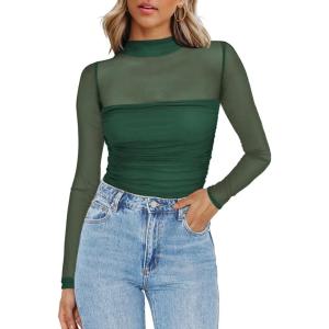 Zeagoo Womens Mesh Sheer Long Sleeve Top Mock Turtle Neck See Though Shirts Ruched Sexy Casual Going Out Blouses(Dark Green)