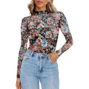 Zeagoo Womens Mesh Sheer Long Sleeve Top Mock Turtle Neck See Though Shirts Ruched Sexy Casual Going Out Blouses(Floral Print)