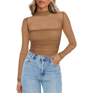 Zeagoo Womens Mesh Sheer Long Sleeve Top Mock Turtle Neck See Though Shirts Ruched Sexy Casual Going Out Blouses(Light Tan)