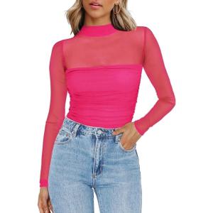 Zeagoo Womens Mesh Sheer Long Sleeve Top Mock Turtle Neck See Though Shirts Ruched Sexy Casual Going Out Blouses(Rose Red)