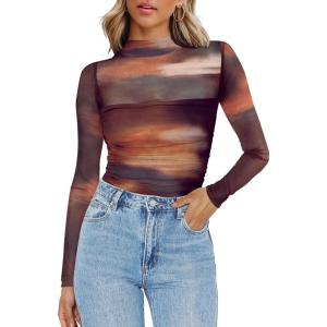 Zeagoo Womens Mesh Sheer Long Sleeve Top Mock Turtle Neck See Though Shirts Ruched Sexy Casual Going Out Blouses(Tie Dye Print)