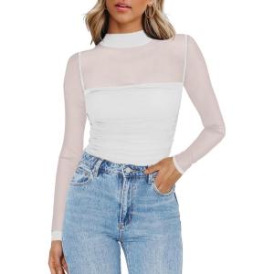 Zeagoo Womens Mesh Sheer Long Sleeve Top Mock Turtle Neck See Though Shirts Ruched Sexy Casual Going Out Blouses(White)