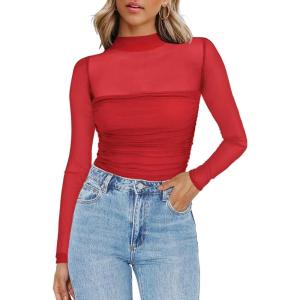 Zeagoo Womens Mesh Sheer Long Sleeve Top Mock Turtle Neck See Though Shirts Ruched Sexy Casual Going Out Blouses(Wine Red)