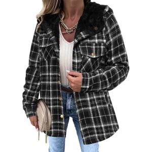 Zeagoo Womens Plaid Shacket Jacket Long Sleeve Fleece Hooded Jackets Fall Winter Warm Coat S-2XL(Black)