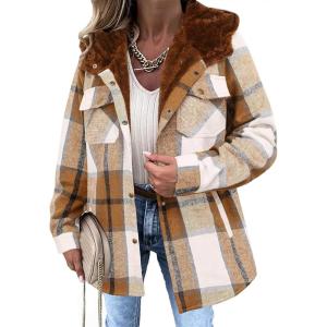 Zeagoo Womens Plaid Shacket Jacket Long Sleeve Fleece Hooded Jackets Fall Winter Warm Coat S-2XL(Brown)