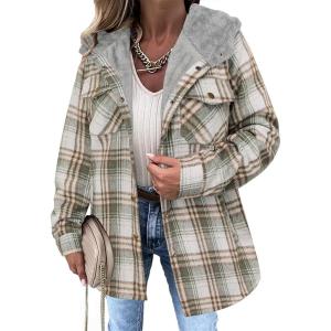 Zeagoo Womens Plaid Shacket Jacket Long Sleeve Fleece Hooded Jackets Fall Winter Warm Coat S-2XL(Grey)