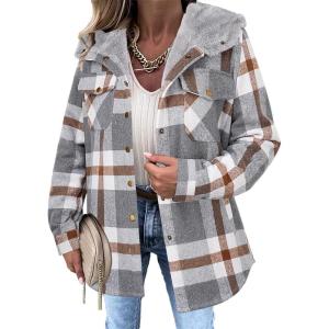 Zeagoo Womens Plaid Shacket Jacket Long Sleeve Fleece Hooded Jackets Fall Winter Warm Coat S-2XL(Grey Plaid)