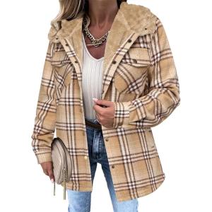 Zeagoo Womens Plaid Shacket Jacket Long Sleeve Fleece Hooded Jackets Fall Winter Warm Coat S-2XL(Khaki)
